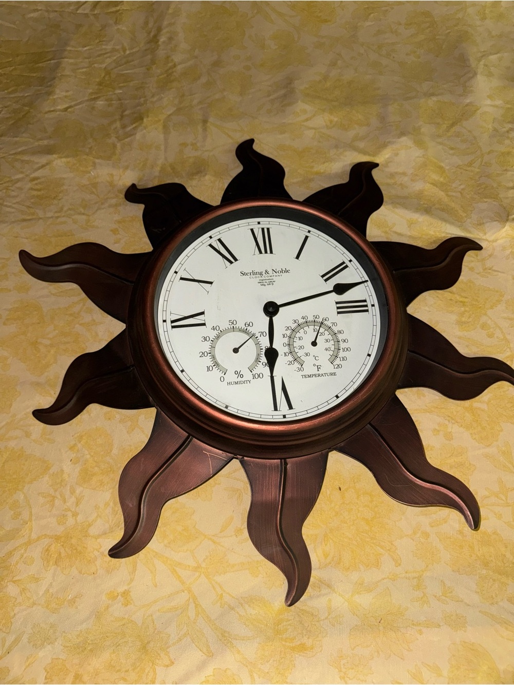 Copper Sunburst Wall Clock with Thermometer and Hygrometer